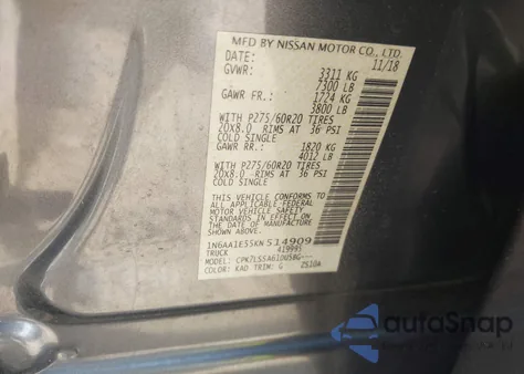 2019 Nissan Titan Sv из США, поврежденный, VIN 1N6AA1E55KN514909